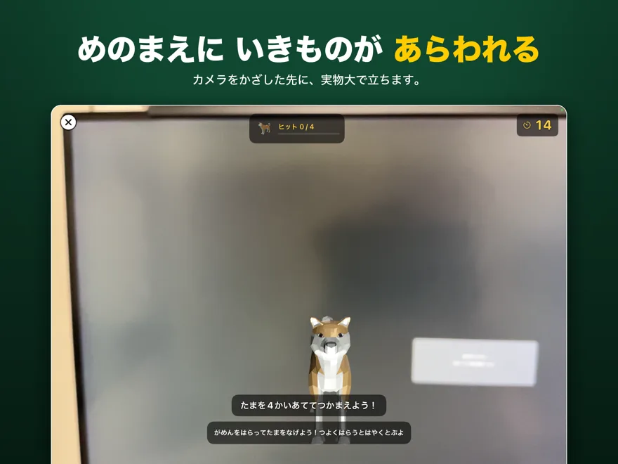カメラ映像の中に実物大のしばいぬが立っている、ハント中の画面