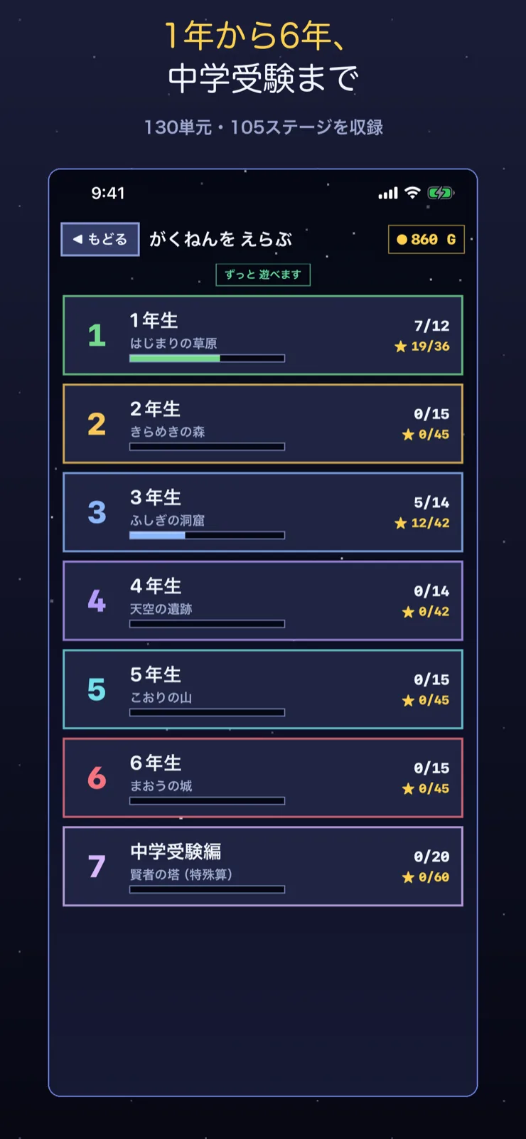 1年生から中学受験編まで、学年ごとにステージを選ぶ画面